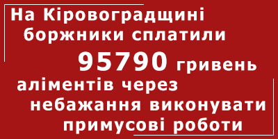 На Кіровоградщині боржники сплатили 95790 гривень аліментів через небажання виконувати примусові роботи